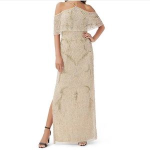 Size 6 Aidan Mattox cold shoulder beaded gown- light gold. Worn once